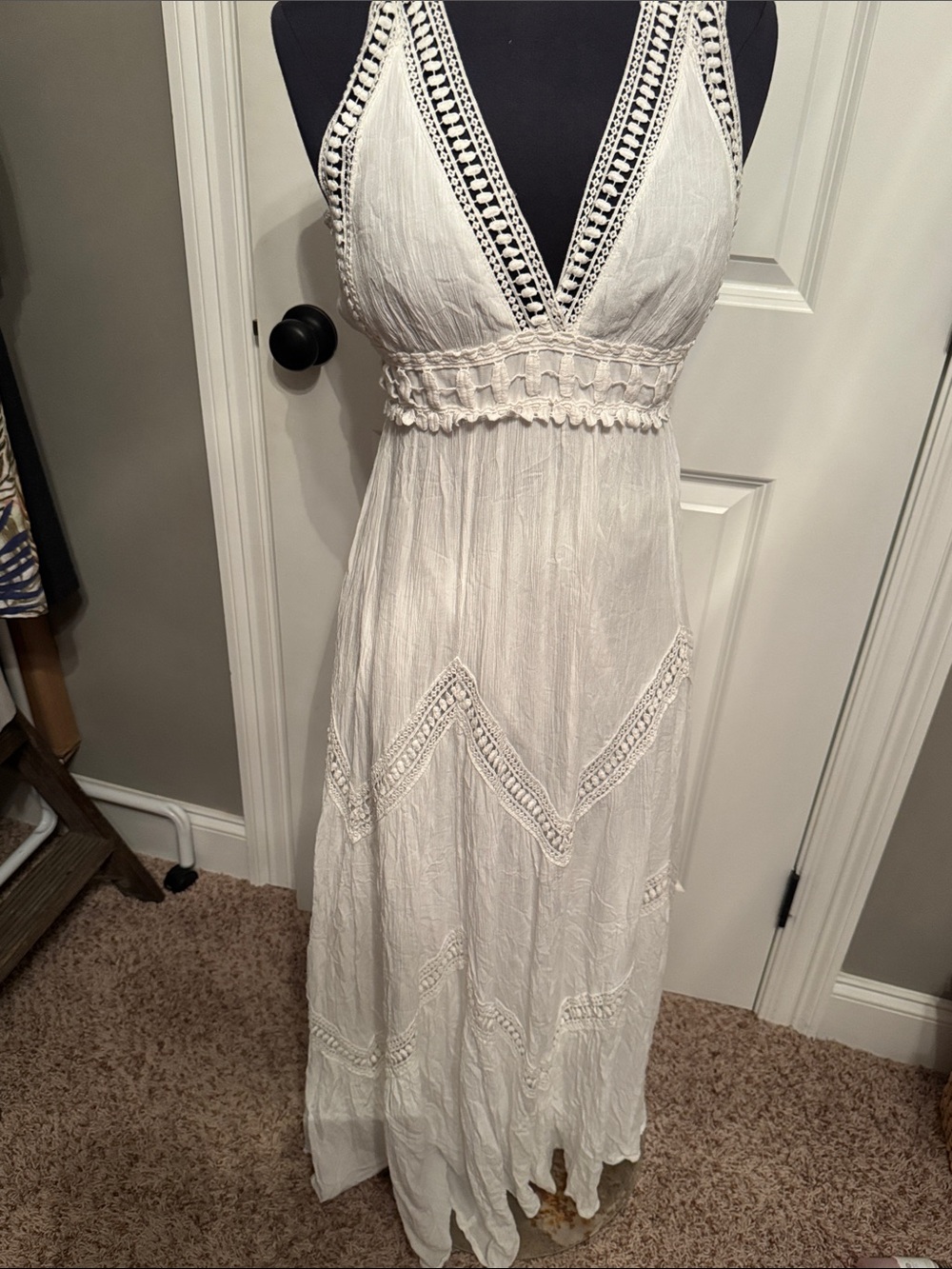 Chelsea & Violet White Crochet-Trim Halter Maxi Dress